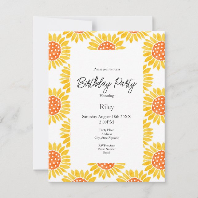 Yellow Orange Watercolor Sunflower Pattern  Invitation (Front)