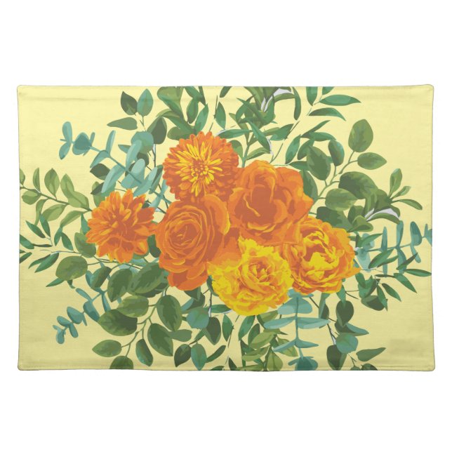 Yellow Orange Wedding Floral Cloth Placemat (Front)