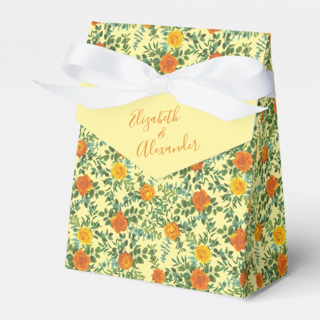 Yellow Orange Wedding Floral Roses Favor Boxes (Front Side)