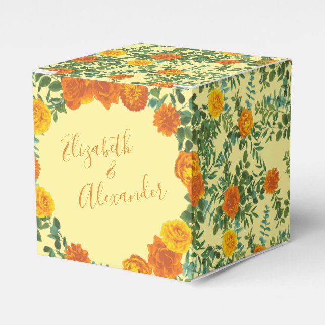 Yellow Orange Wedding Floral Roses Favor Boxes (Front Side)