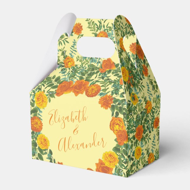 Yellow Orange Wedding Floral Roses Favor Boxes (Front Side)