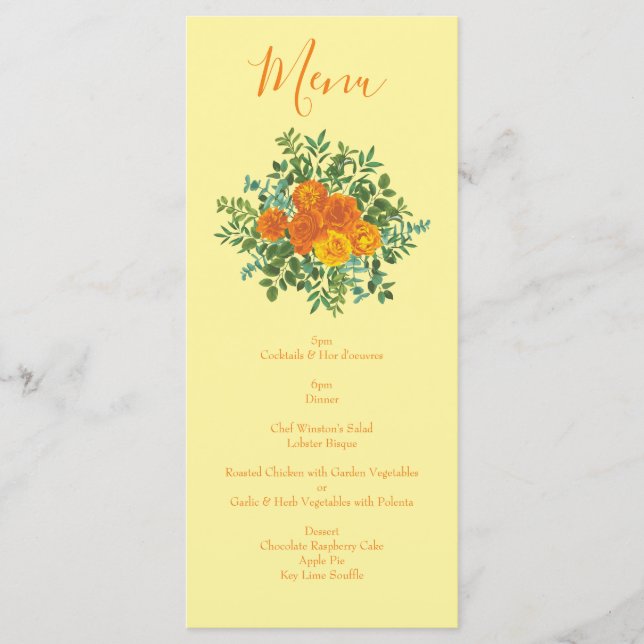 Yellow Orange Wedding Floral Roses Menu (Front)
