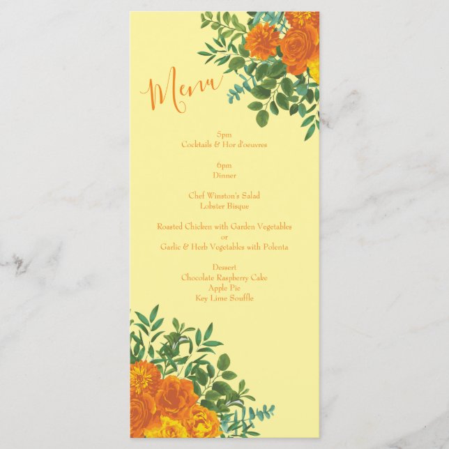 Yellow Orange Wedding Floral Roses Menu (Front)