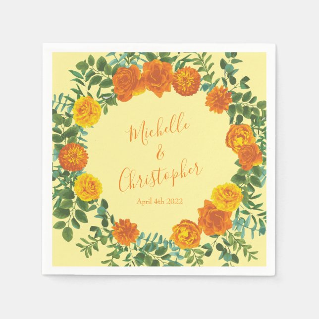 Yellow Orange Wedding Floral Roses Napkins (Front)