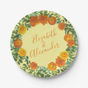 Yellow Orange Wedding Floral Roses Paper Plates