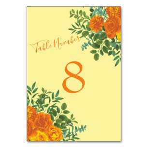 Yellow Orange Wedding Floral Roses Table Number
