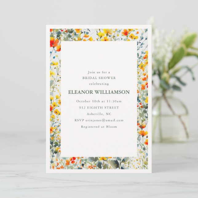 Yellow Orange Wildflower Garden Bridal Shower Invitation (Standing Front)