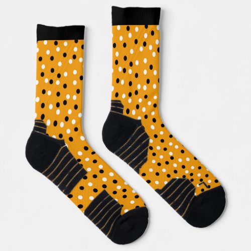 Yellow Orange with Black  White Poke A Dot Design Socks