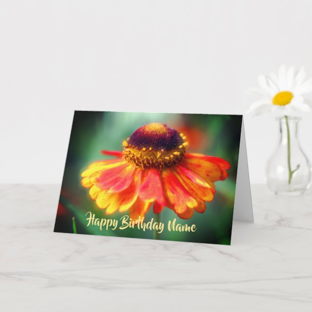 Yellow Orange Zinnia Personalized Birthday Card (Small Plant)