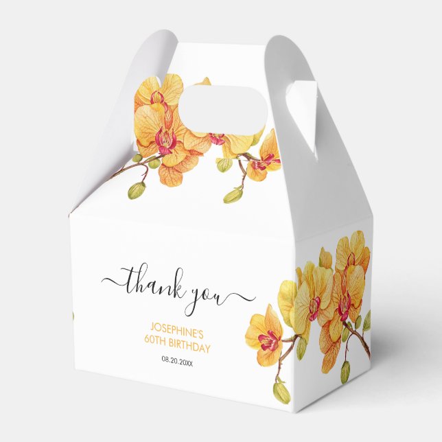 Yellow Orchid Flower Botanical Birthday Favor Boxes (Front Side)