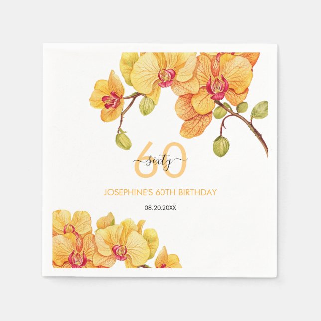 Yellow Orchid Flower Botanical Birthday Napkins (Front)