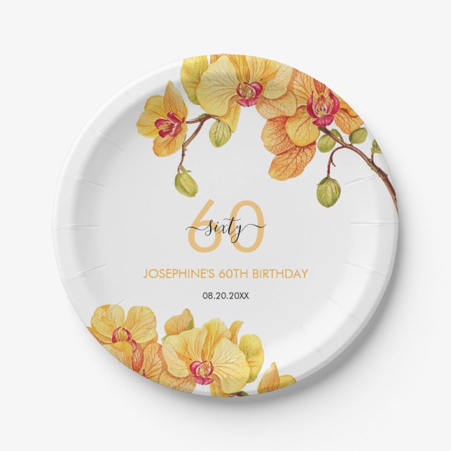 Yellow Orchid Flower Botanical Birthday Paper Plates (Front)