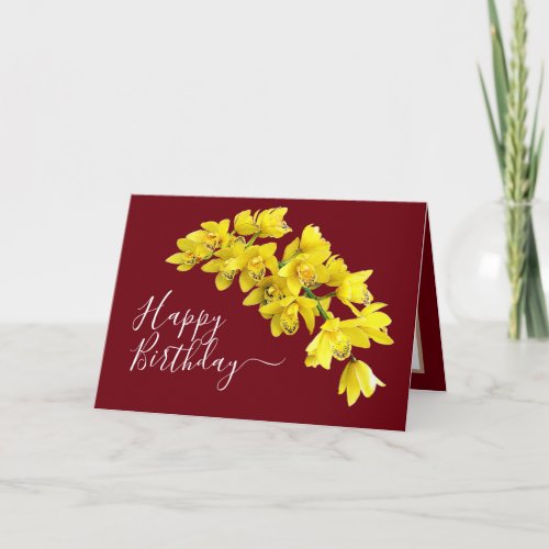 Yellow Orchid Flower Cluster Red Background Card