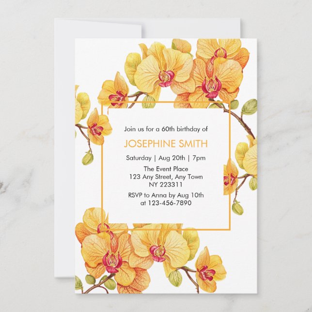 Yellow Orchid Flower Spring Blossom Birthday Invitation (Front)