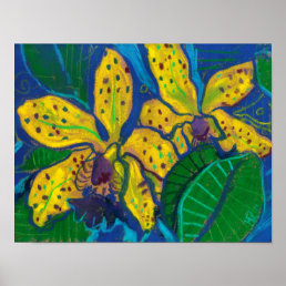 Yellow Orchid Flowers, Pastel Painting Floral Art  Poster