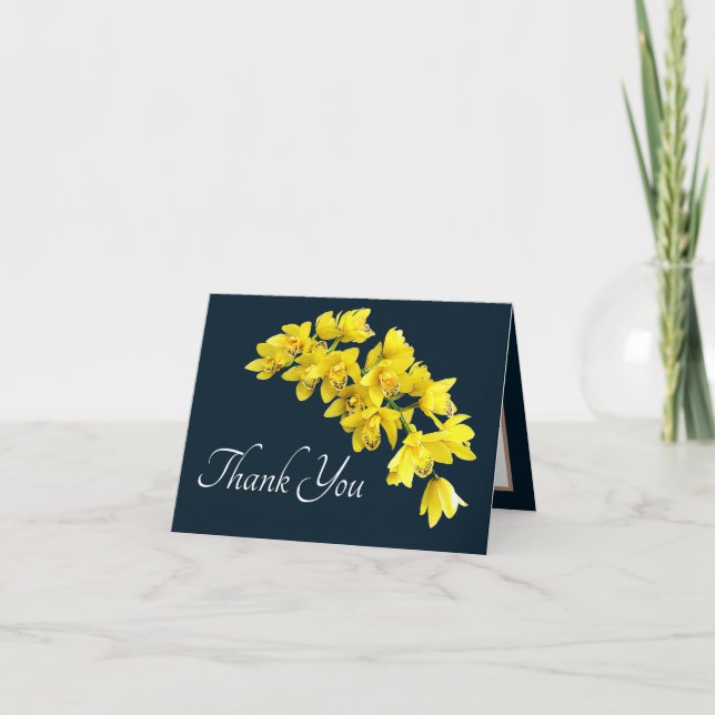 Yellow Orchid Navy Background Thank You Card (Front)