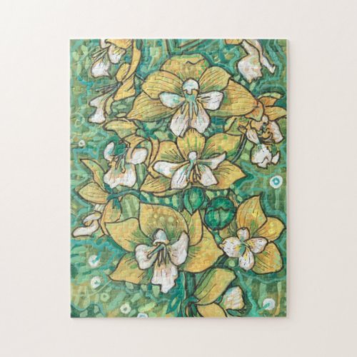 Yellow Orchid Tropical Flowers Floral Painting Art Jigsaw Puzzle