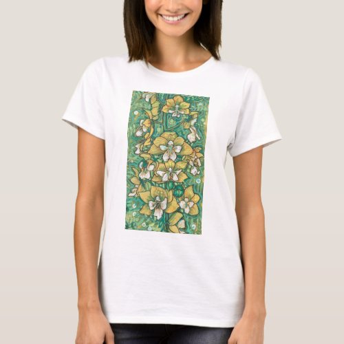Yellow Orchid Tropical Flowers Floral Painting  T_Shirt