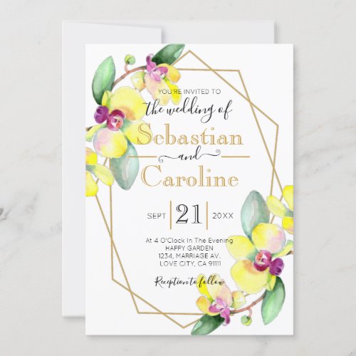 Yellow Orchid Watercolor Floral Wedding Invitation