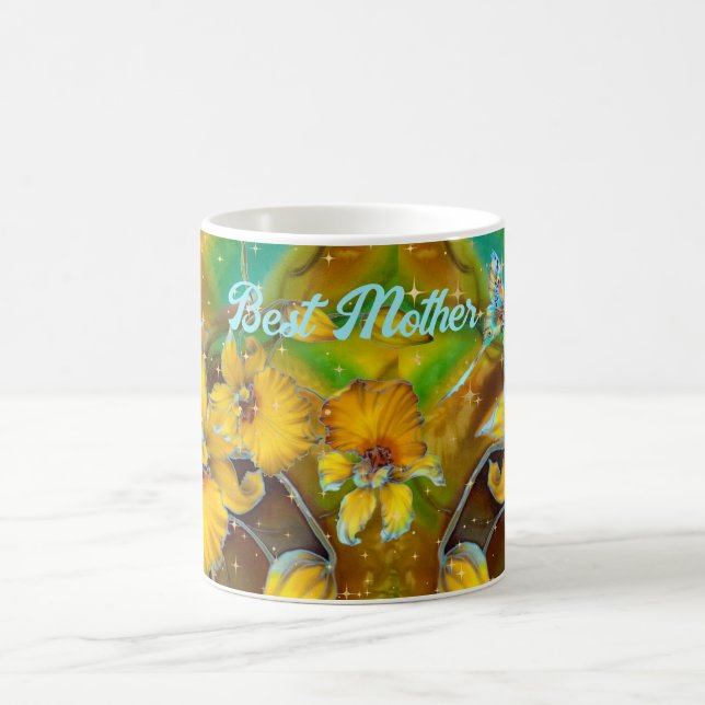 Yellow Orchids Magical Gold Sparkles Stars Green  Coffee Mug (Center)