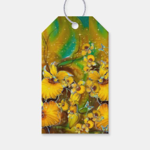 Yellow Orchids Magical Gold Sparkles Stars Green  Gift Tags