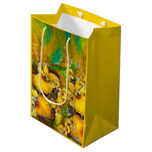 Yellow Orchids Magical Gold Sparkles Stars Green Medium Gift Bag