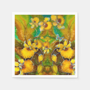 Yellow Orchids Magical Gold Sparkles Stars Green Napkins