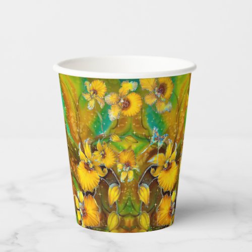 Yellow Orchids Magical Gold Sparkles Stars Green Paper Cups