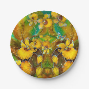 Yellow Orchids Magical Gold Sparkles Stars Green  Paper Plates