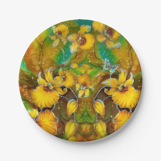 Yellow Orchids Magical Gold Sparkles Stars Green  Paper Plates (Front)