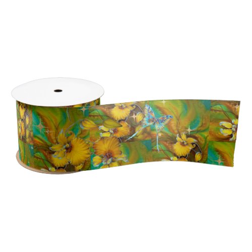 Yellow Orchids Magical Gold Sparkles Stars Green  Satin Ribbon