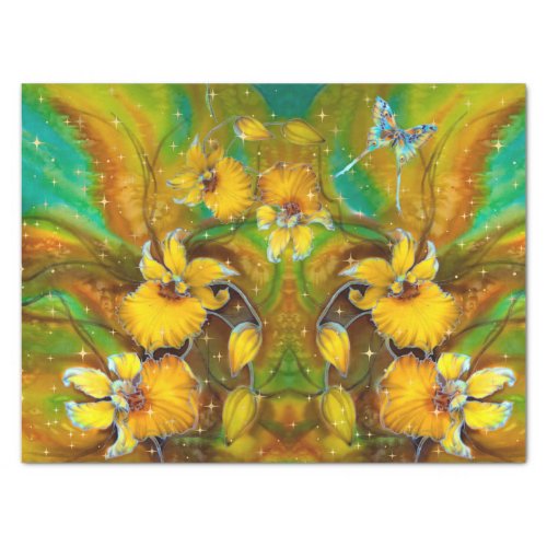 Yellow Orchids Magical Gold Sparkles Stars Green Tissue Paper