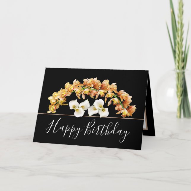 Yellow Orchids & White Lilies Botanical Birthday Card (Front)