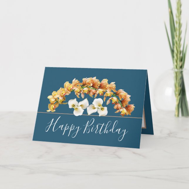 Yellow Orchids & White Lilies Botanical Birthday Card (Front)
