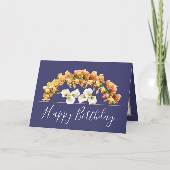 Yellow Orchids & White Lilies Botanical Birthday Card (Front)