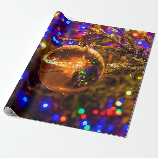 Yellow Ornament Ball, Colorful Lights Wrapping Paper (Unrolled)