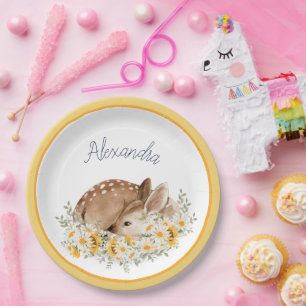 Yellow Our Little Dear Deer, Sunflowers Daisies Paper Plates