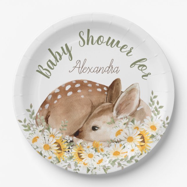 Yellow Our Little Dear Deer, Sunflowers Daisies  Paper Plates (Front)