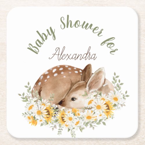 Yellow Our Little Dear Deer Sunflowers Daisies  Square Paper Coaster