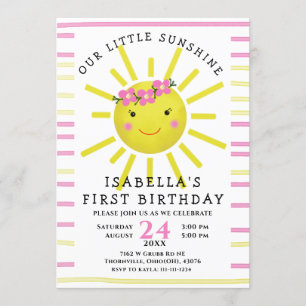 Yellow Our Little Sunshine First Birthday Party Invitation