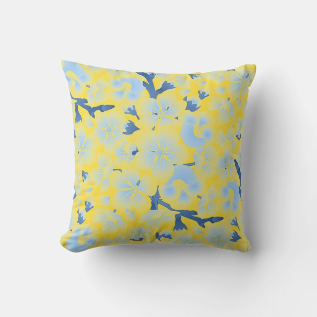 Yellow Outdoor Pillow With Blue Flowers (Front)