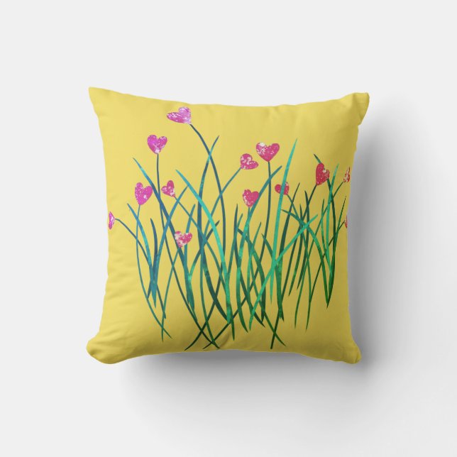 Yellow Outdoor Pillow With Heart Flowers (Front)