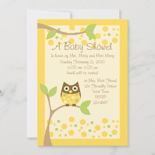 Yellow Owl Baby Shower Invitation (Front)