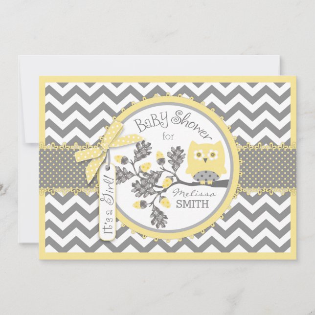 Yellow Owl Chevron Print Baby Shower Invitation (Front)