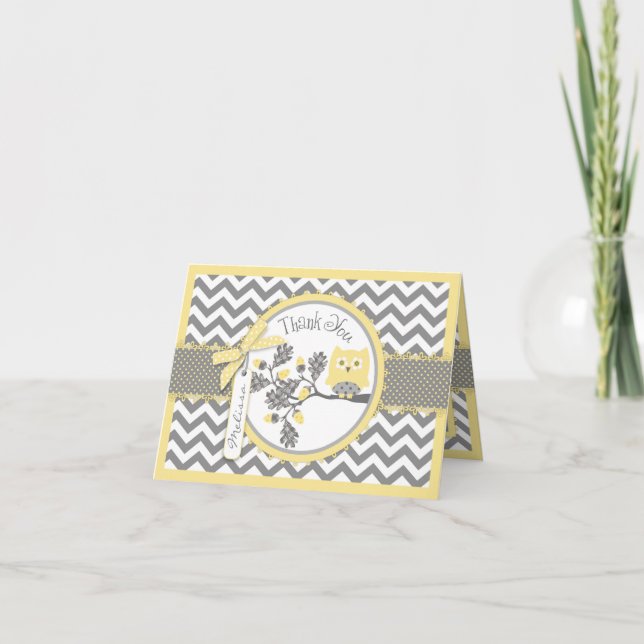 Yellow Owl Chevron Print Thank You Card (Front)