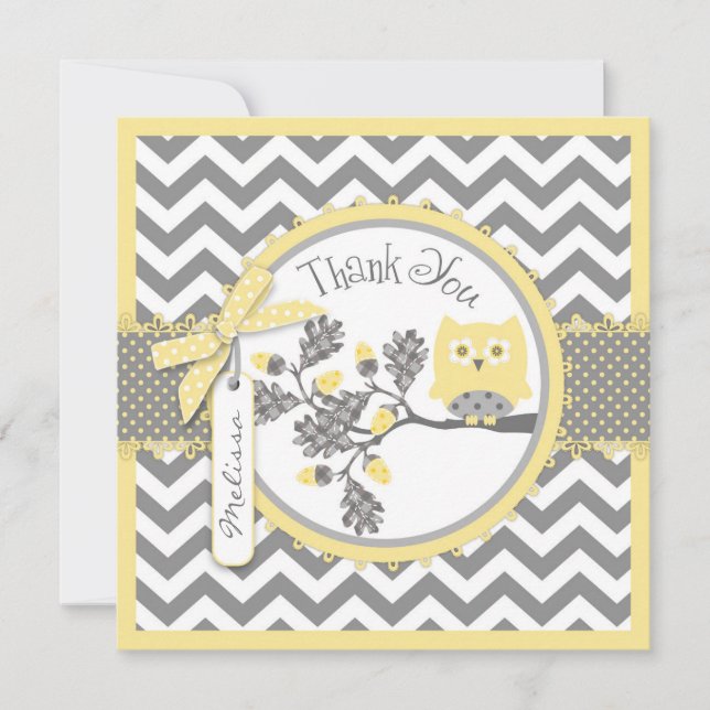Yellow Owl Chevron Print Thank You Card (Front)