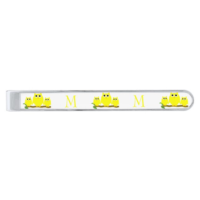 Yellow Owls Design Monogrammed Silver Finish Tie Bar (Front)