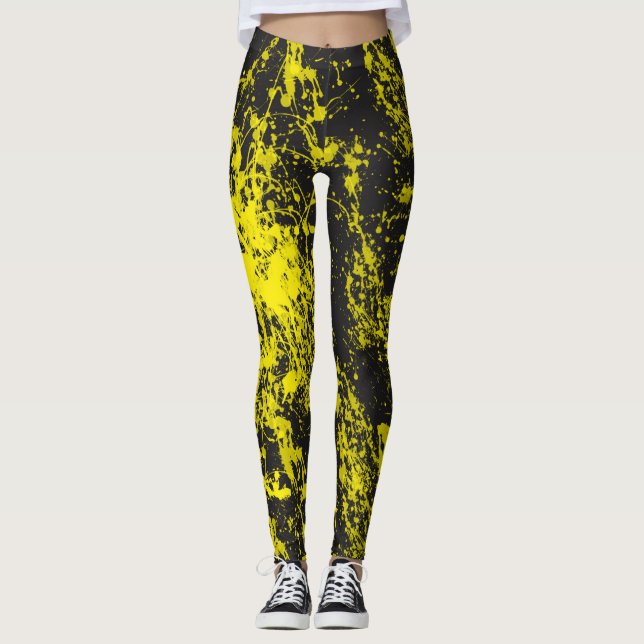 Yellow Paint Brush Splatter Leggings (Front)