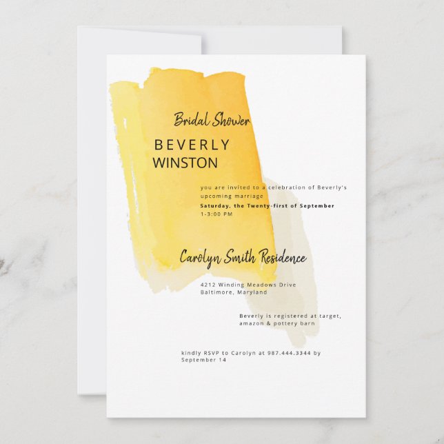 Yellow Paint Swash Modern Bridal Shower Invitation (Front)