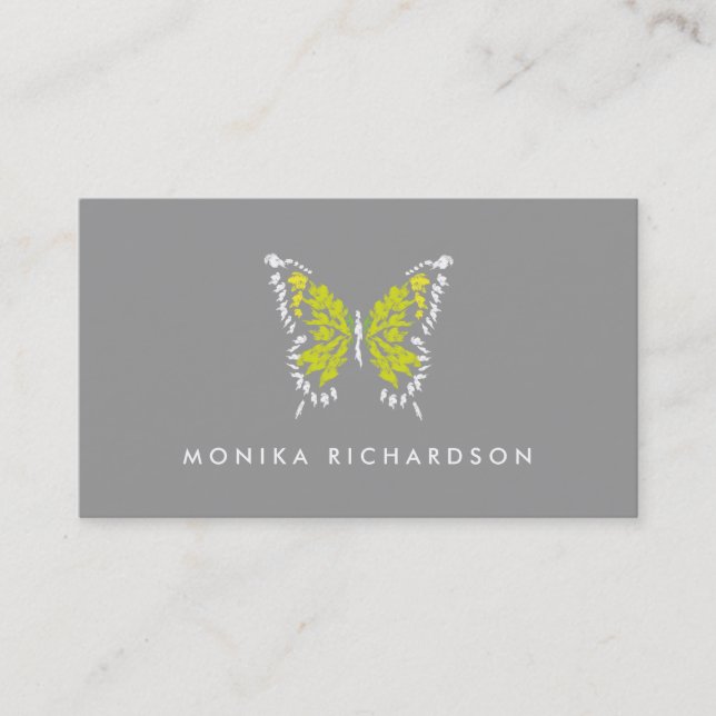 Yellow Painted Butterfly Logo on Gray Business Card (Front)